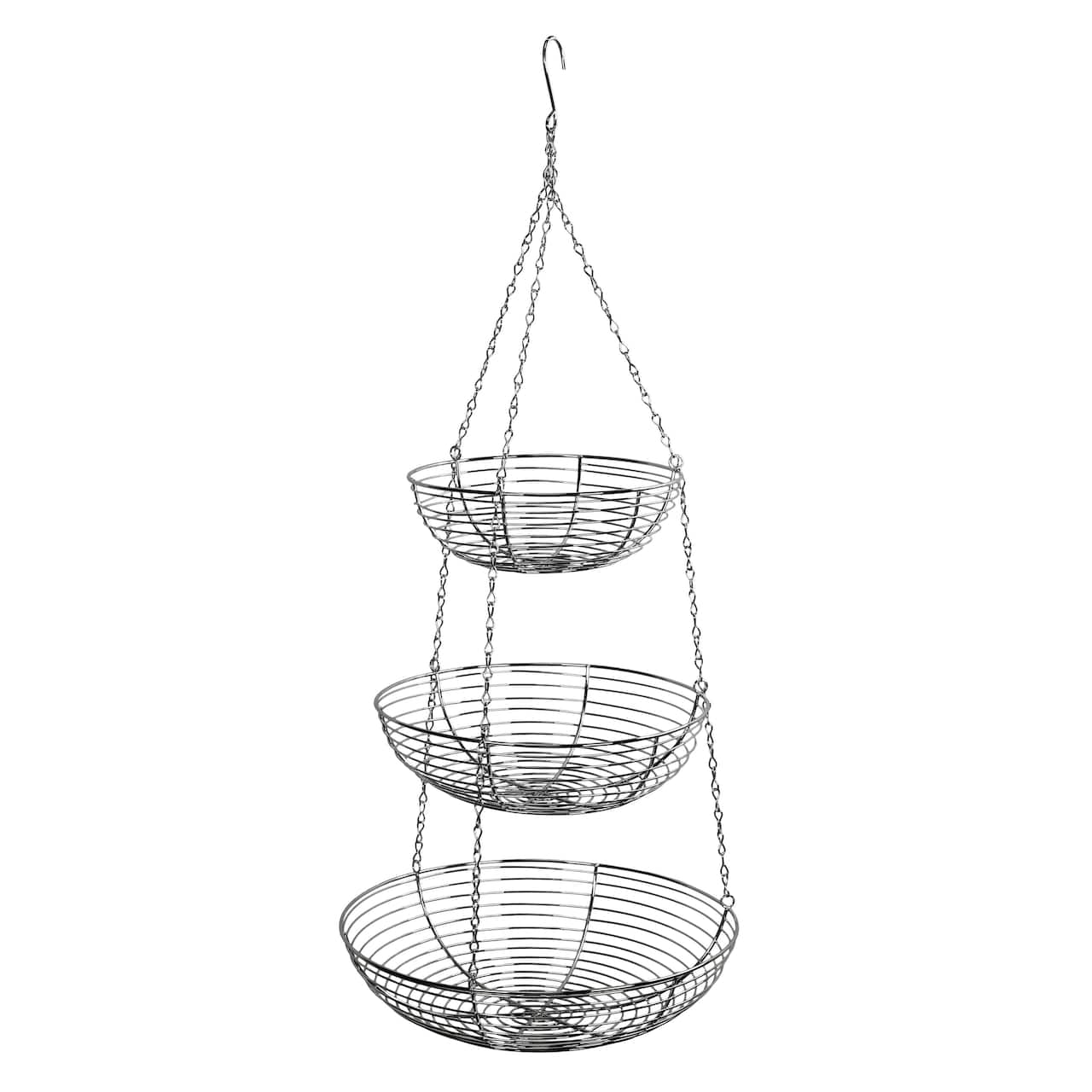 12&#x22; Silver &#x26; Chrome 3-Tier Hanging Metal Basket